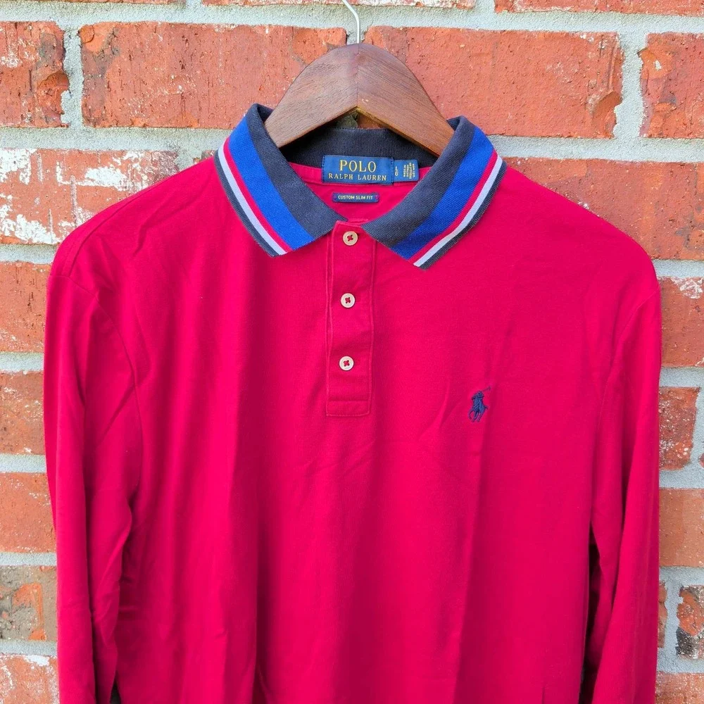 Polo Ralph Lauren Polo Shirt Mens Large Red Custom Slim Fit Long Sleeve Striped